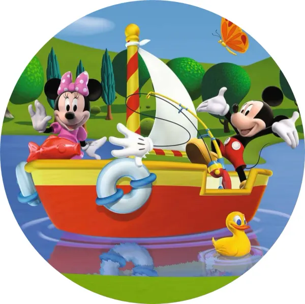 Kulatý jedlý obrázek na dort – Mickey a Minnie, Na lodi (modrá, červená, zelená)