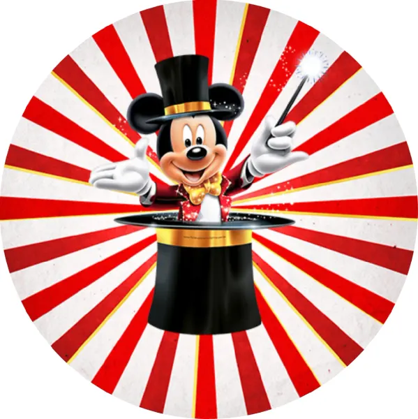 Kulatý jedlý obrázek na dort – Mickey Mouse, Kouzelník v cylindru s hůlkou (červená, bílá, černá)