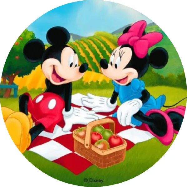 Kulatý jedlý obrázek na dort – Mickey a Minnie, Piknik (zelená, červená, modrá)