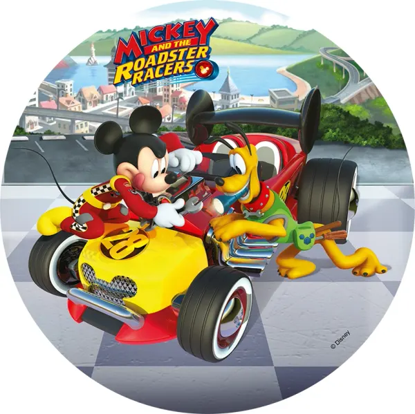 Kulatý jedlý obrázek na dort – Mickey Mouse, Race (červená, žlutá, modrá)