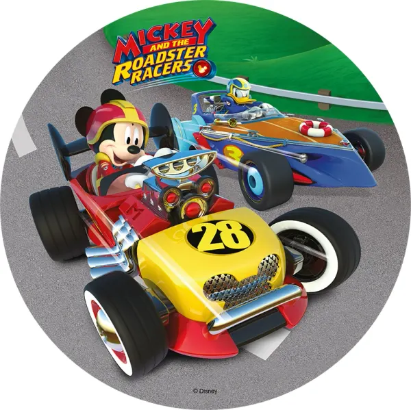 Kulatý jedlý obrázek na dort – Mickey Mouse, Race 2 (červená, žlutá, modrá)