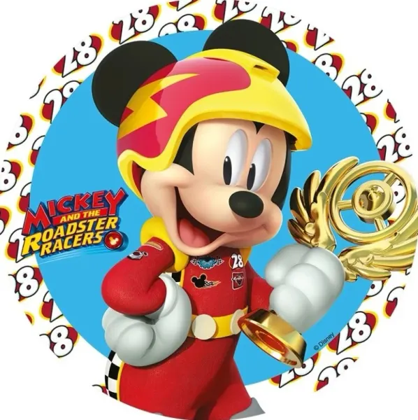 Kulatý jedlý obrázek na dort – Mickey Mouse, Závodník (červená, žlutá, modrá)