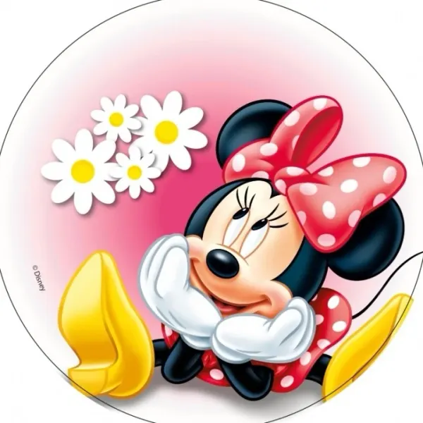 Kulatý jedlý obrázek na dort – Minnie, Květinka (růžová, červená, bílá)