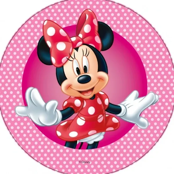 Kulatý jedlý obrázek na dort – Minnie, Puntíky (růžová, červená, bílá)