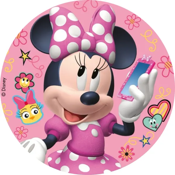 Kulatý jedlý obrázek na dort – Minnie telefon (růžová, bílá, černá)
