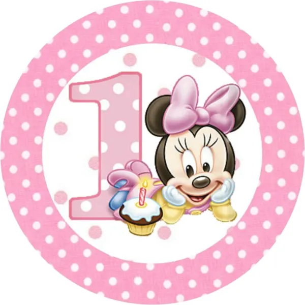 Kulatý jedlý obrázek na dort – Minnie, 1. narozeniny 2 (růžová, bílá, žlutá)