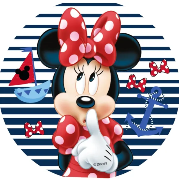 Kulatý jedlý obrázek na dort – Minnie, Námořnice (modrá, červená, bílá)