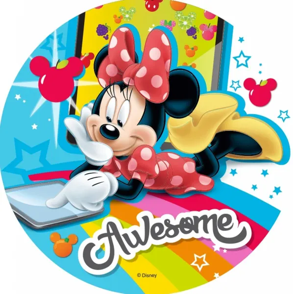 Kulatý jedlý obrázek na dort – Minnie, Awesome (tyrkysová, červená, žlutá)