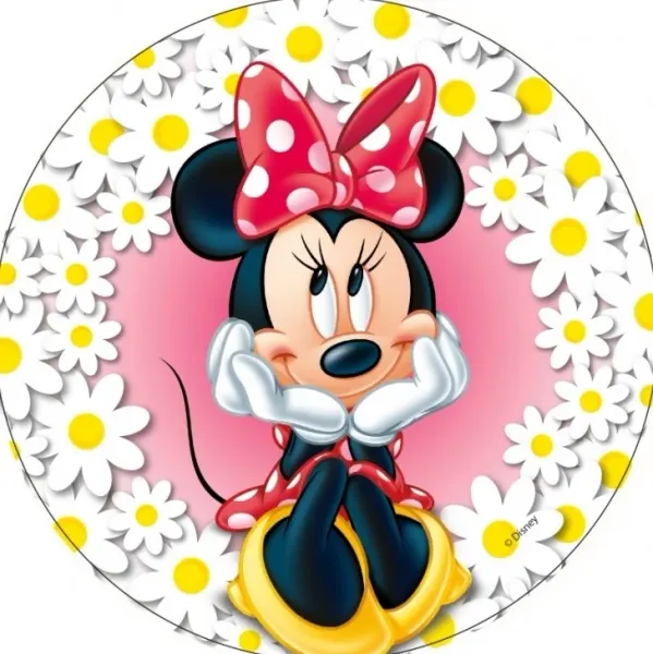Kulatý jedlý obrázek na dort – Minnie, Kopretiny (růžová, červená, bílá)