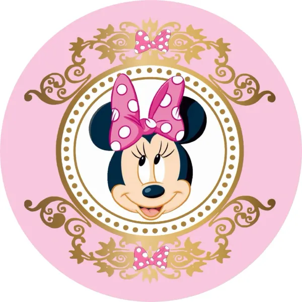 Kulatý jedlý obrázek na dort – Minnie, Gold (růžová, zlatá, bílá)