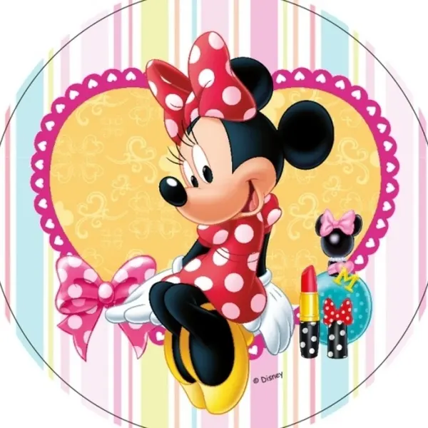 Kulatý jedlý obrázek na dort – Minnie, Srdíčko (růžová, červená, žlutá)