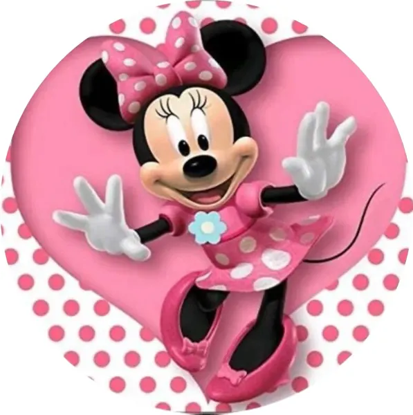Kulatý jedlý obrázek na dort – Minnie, srdíčko s puntíky (růžová, bílá, černá)