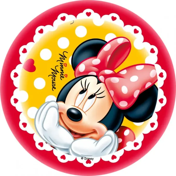 Kulatý jedlý obrázek na dort – Minnie, Zamilovaná (červená, žlutá, bílá)