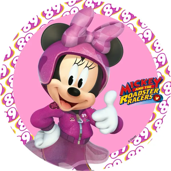 Kulatý jedlý obrázek na dort – Minnie, Závodnice (růžová, bílá, fialová)