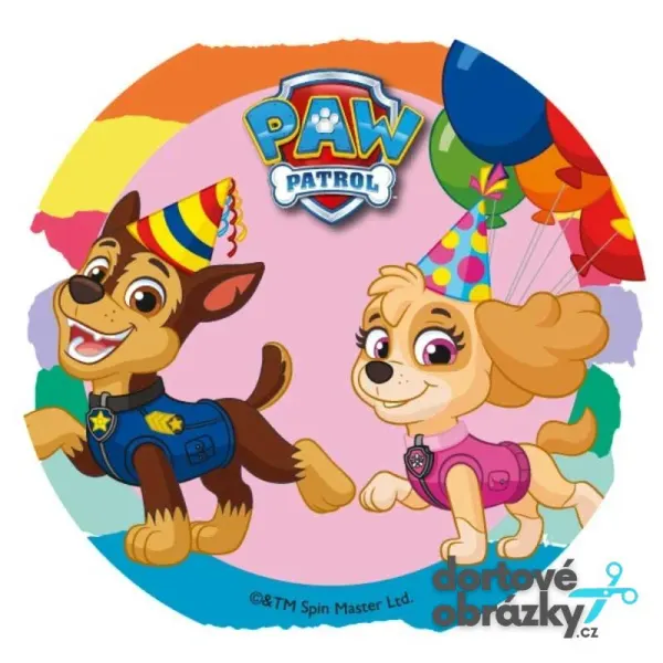 Kulatý jedlý obrázek na dort – Tlapková patrola, Happy (modrá, růžová, žlutá)