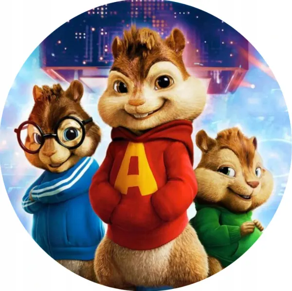 Kulatý jedlý obrázek na dort – Alvin a Chipmunkové, New (modrá, červená, zelená)