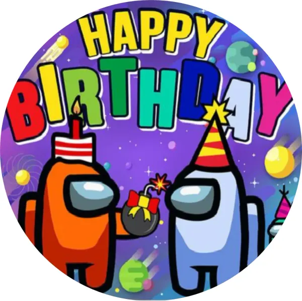 Kulatý jedlý obrázek na dort – Among Us, Happy Birthday (fialová, modrá, žlutá)