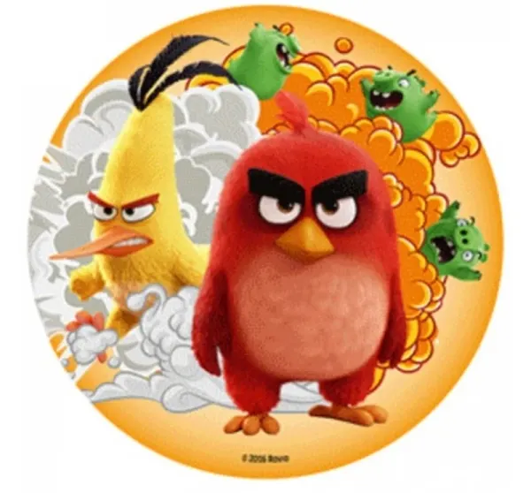 Kulatý jedlý obrázek na dort – Angry Birds, Red a Chuck s explozí v pozadí (červená, žlutá, zelená)