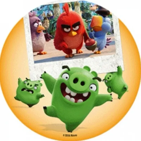 Kulatý jedlý obrázek na dort – Angry Birds, zelené prasátko s fotografií (zelená, žlutá, červená)