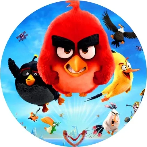 Kulatý jedlý obrázek na dort – Angry Birds, Red, Bomb a Chuck u praku (červená, modrá, žlutá)