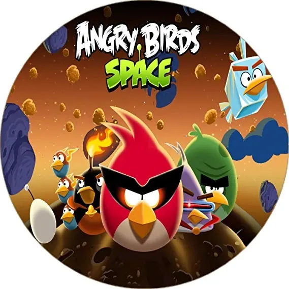 Kulatý jedlý obrázek na dort – Angry Birds, Space vesmírná parta na asteroidu (černá, červená, hnědá)