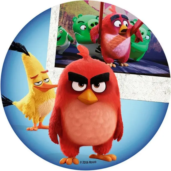 Kulatý jedlý obrázek na dort – Angry Birds, Ruďas, Chuck a retro foto (červená, žlutá, modrá)