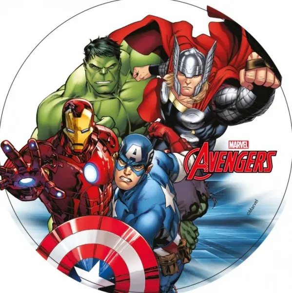 Kulatý jedlý obrázek na dort – Avengers, Classic (červená, modrá, zelená)