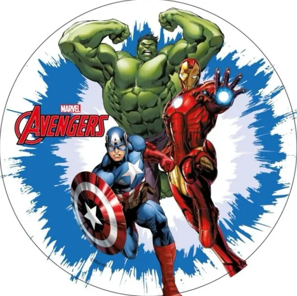 Kulatý jedlý obrázek na dort – Avengers, trojice Hulk, Iron Man a Captain (modrá, zelená, červená)