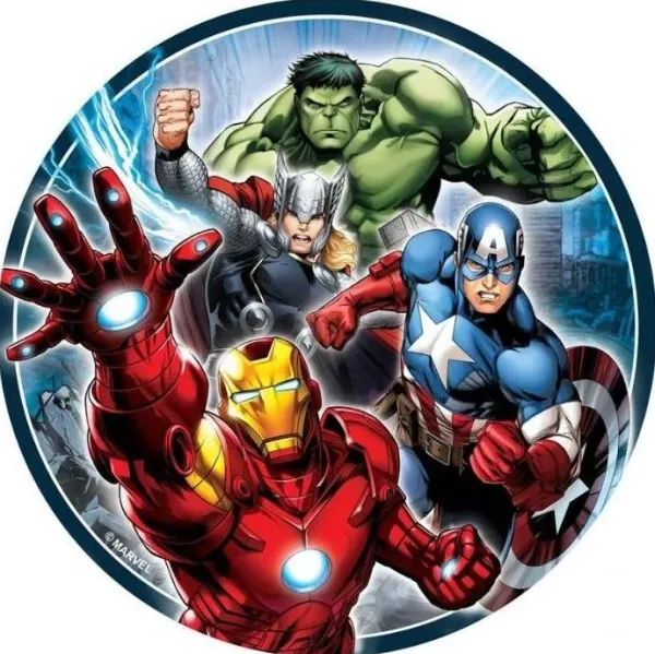 Kulatý jedlý obrázek na dort – Avengers, Iron Man, Cap, Hulk a Thor s blesky (červená, modrá, zelená)