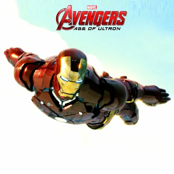 Kulatý jedlý obrázek na dort – Avengers, Iron Man v letu a logo Age of Ultron (červená, žlutá, modrá)