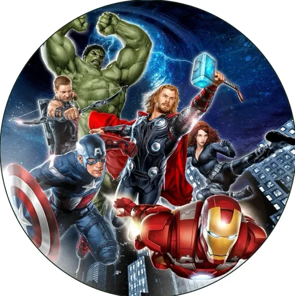 Kulatý jedlý obrázek na dort – Avengers, noční město s blesky a Hawkeye (modrá, červená, zelená)