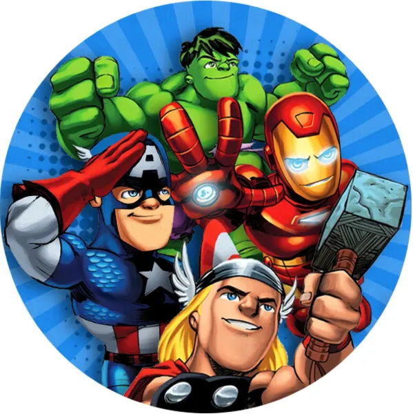 Kulatý jedlý obrázek na dort – Avengers, animovaná čtyřka na modrých paprscích (modrá, červená, zelená)