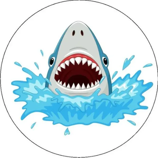 Kulatý jedlý obrázek na dort – Baby Shark, hlava žraloka s otevřenou tlamou (modrá, šedá, bílá)