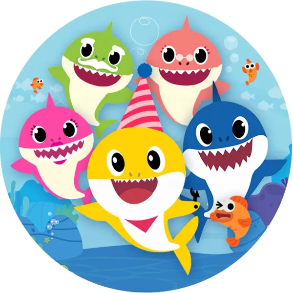 Kulatý jedlý obrázek na dort – Baby Shark, rodinka a žralůček s kloboukem (modrá, žlutá, růžová)