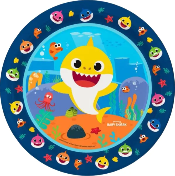 Kulatý jedlý obrázek na dort – Baby Shark, žlutý žralůček s modrým lemem (modrá, žlutá, tyrkysová)