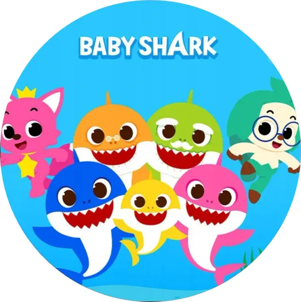 Kulatý jedlý obrázek na dort – Baby Shark, rodinka a lištička Pinkfong (modrá, žlutá, růžová)