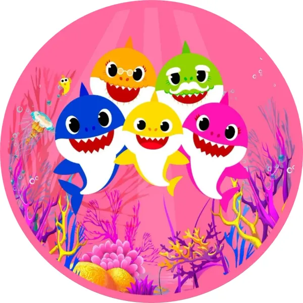 Kulatý jedlý obrázek na dort – Baby Shark, rodinka na růžovém pozadí (růžová, žlutá, modrá)