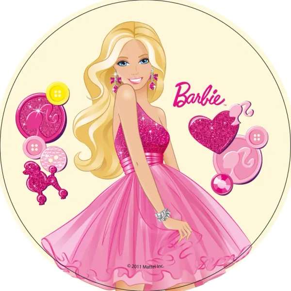 Kulatý jedlý obrázek na dort – Barbie, v plesových šatech s pudlem (růžová, žlutá, bílá)