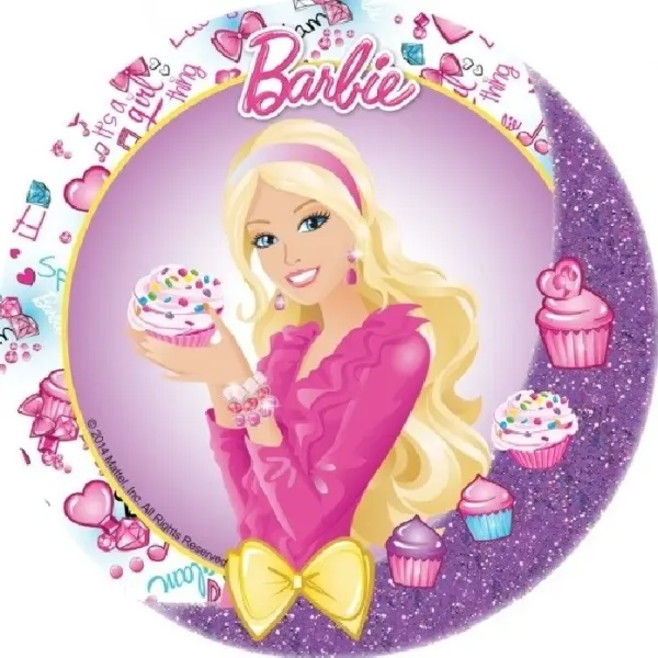 Kulatý jedlý obrázek na dort – Barbie, s košíčkem a žlutou mašlí (růžová, fialová, žlutá)
