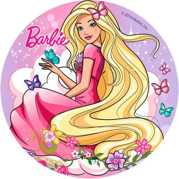 Kulatý jedlý obrázek na dort – Barbie, mezi květinami a motýly (růžová, fialová, žlutá)