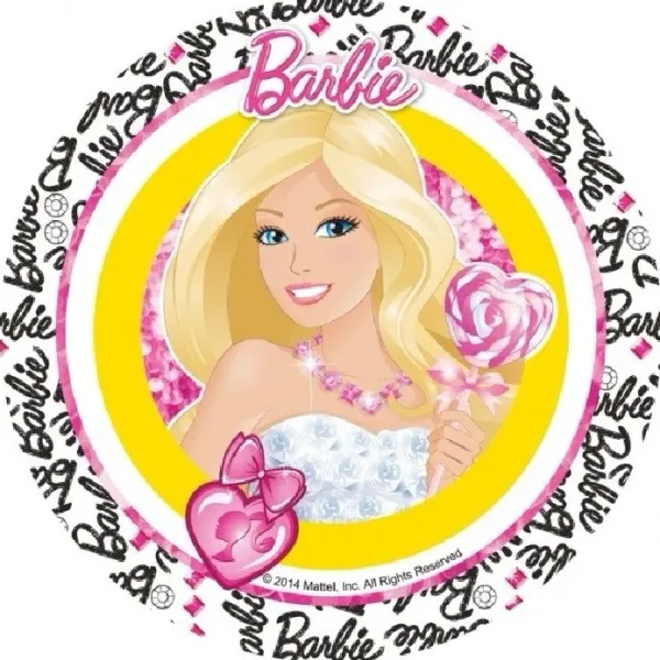 Kulatý jedlý obrázek na dort – Barbie, se srdcovým lízátkem a diamanty (růžová, žlutá, bílá)