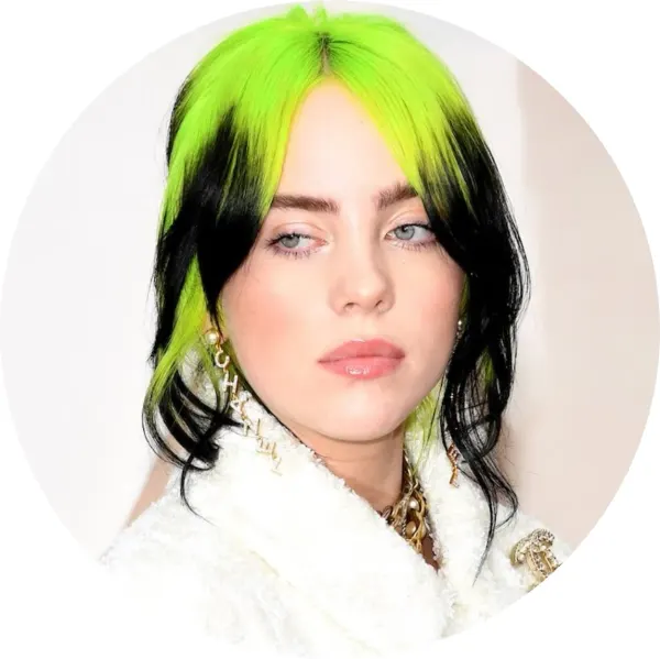 Kulatý jedlý obrázek na dort – Billie Eilish, zelené vlasy a bílý kabát (zelená, černá, bílá)