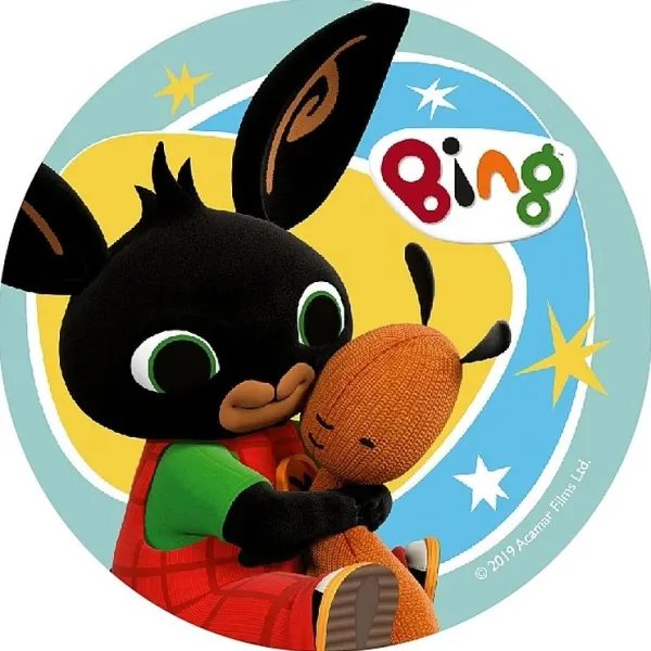 Kulatý jedlý obrázek na dort – Bing, objímající Hopityho na žlutomodrém (modrá, červená, černá)