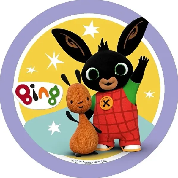 Kulatý jedlý obrázek na dort – Bing, mávající s Flopem a žluté kolo (žlutá, červená, fialová)