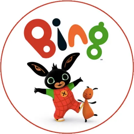 Kulatý jedlý obrázek na dort – Bing, s Flopem a velkým nápisem (bílá, červená, černá)
