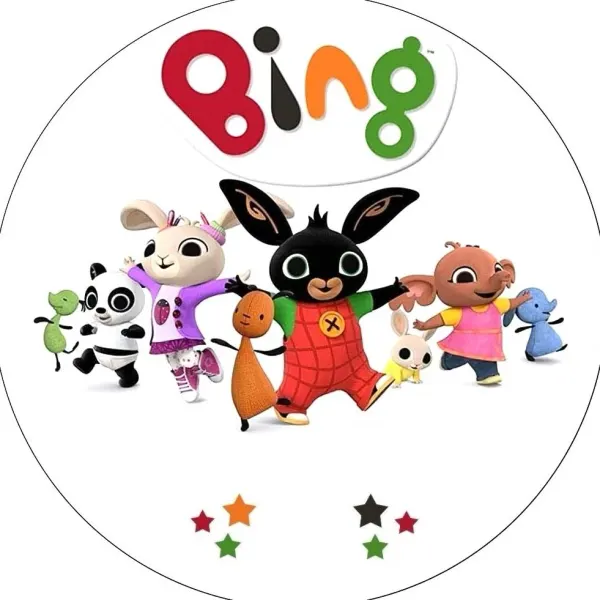 Kulatý jedlý obrázek na dort – Bing, běžící se všemi kamarády (červená, bílá, růžová)