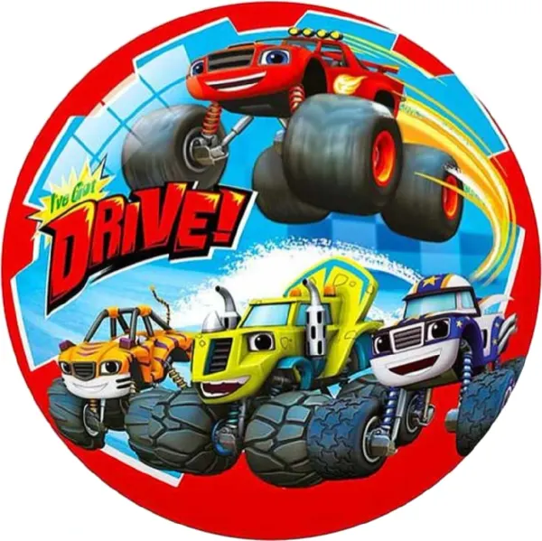 Kulatý jedlý obrázek na dort – Blaze, skok s nápisem I've Got DRIVE! (červená, modrá, žlutá)