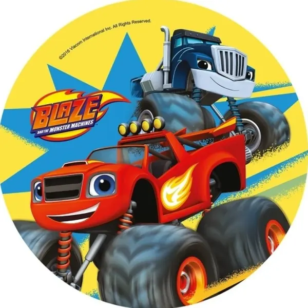 Kulatý jedlý obrázek na dort – Blaze, Blaze a modrý tahač Crusher (červená, žlutá, modrá)