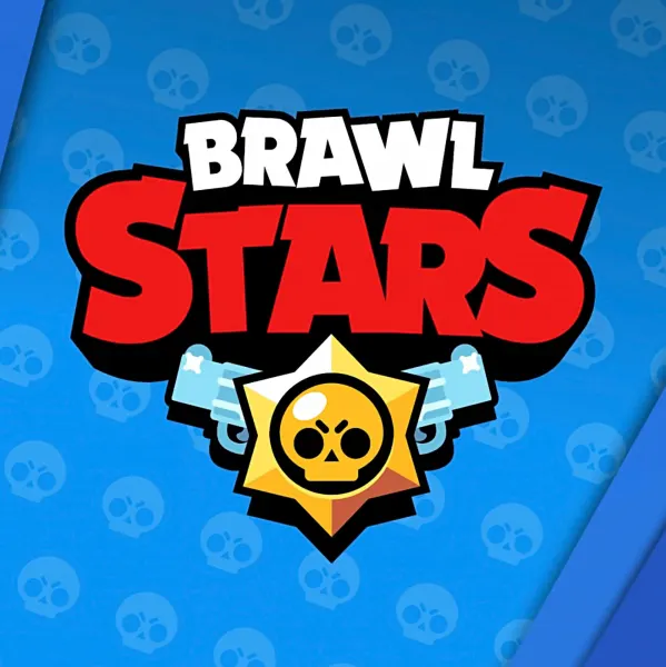 Kulatý jedlý obrázek na dort – Brawl Stars, logo s pistolemi na modrém pozadí (modrá, červená, žlutá)