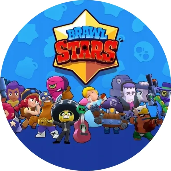 Kulatý jedlý obrázek na dort – Brawl Stars, řada brawlerů na modrém pozadí (modrá, žlutá, červená)
